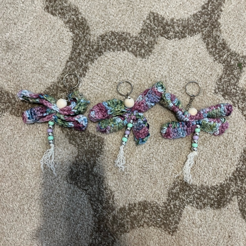 Handmade crocheted dragonfly keychains